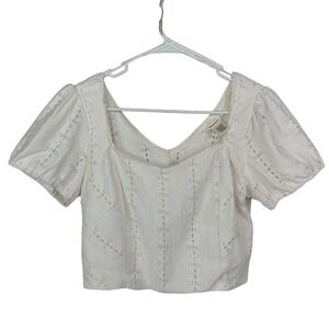 White Eyelet Crop Top LRG Puff Sleeve Square Neck Peasant Boho Cottage Coaquette